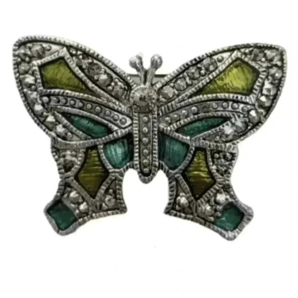 MCM silver green enamel butterfly pin
